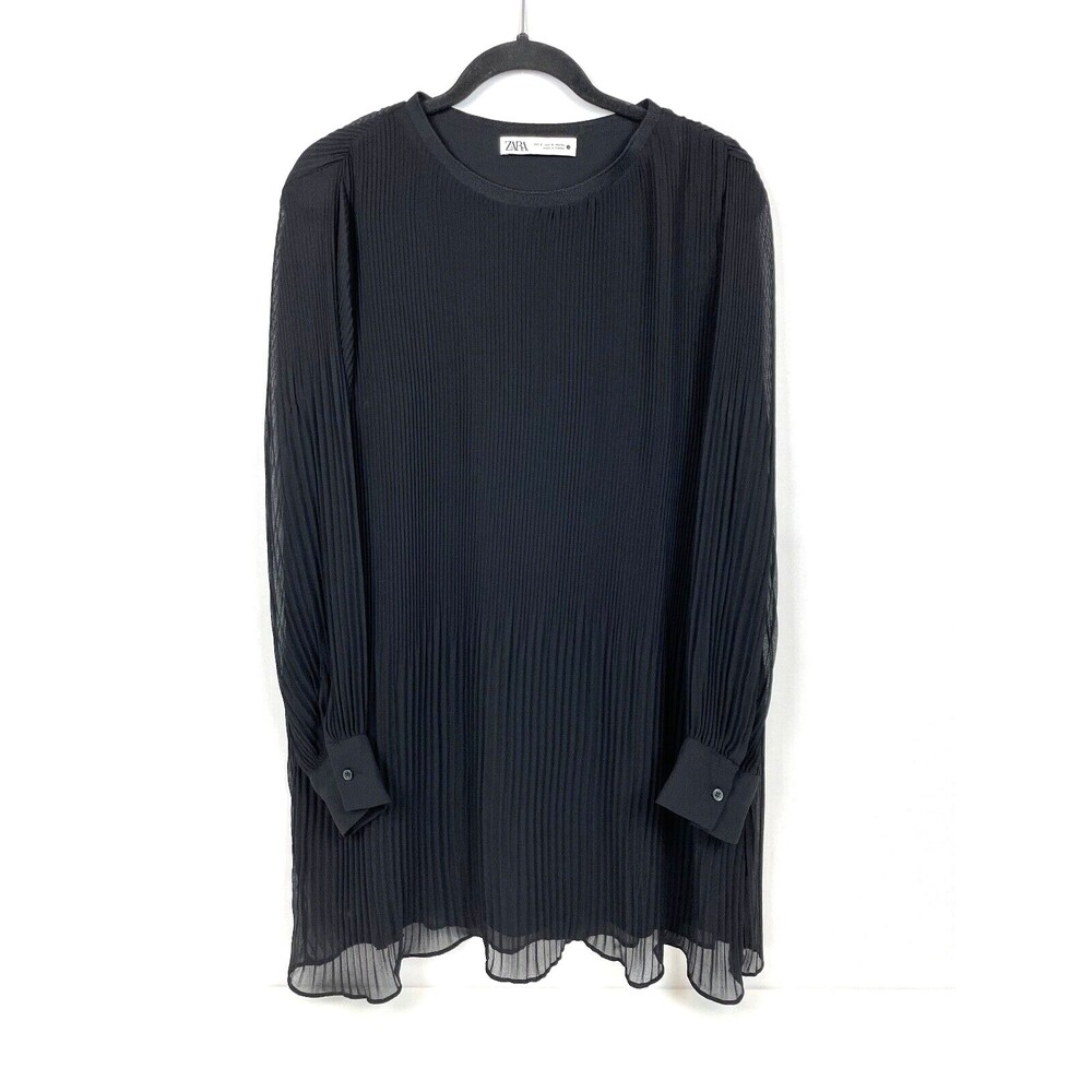 ZARA Pleated Mini Dress Integrated Slip and Sheer Arms Women's Size S (A9)